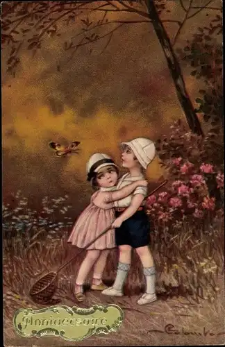 Künstler Ak Colombo, E., Junge mit Fangnetz, Mädchen, Schmetterling