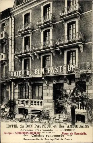 Ak Lourdes Hautes Pyrénées, Hotel du Bon Pasteur et des Americains, Avenue Peyramale