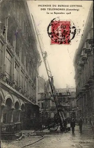 Ak Paris XVI Passy, Incendie du Bureau Central des Telephones Gutemberg 1908
