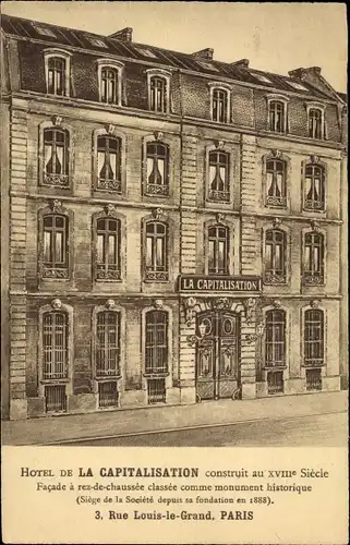 Ak Paris II. Arrondissement Bourse, Hotel de la Capitalisation, 3, Rue Louis le Grand