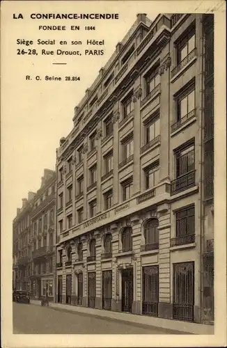 Ak Paris IX. Arrondissement Opéra, La Confiance Incendie, Siege Social et son Hotel, Rue Drouot