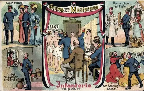 Litho Gruß von der Musterung, Infanterie, Sonntagabend, Wasser und Brot, Posten