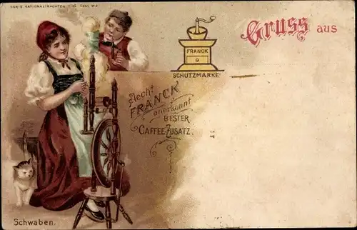Litho Schwaben, Frau am Spinnrad, Franck Bester Kaffee Zusatz, Reklame, Kaffeemühle
