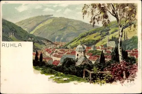Künstler Litho Hirsch, Ruhla in Thüringen, Ortschaft mit Landschaftsblick
