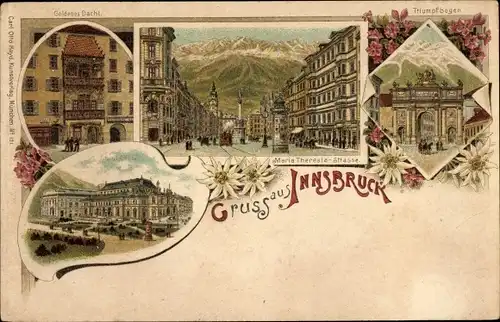 Litho Innsbruck in Tirol, Goldenes Dachl, Maria Theresia-Straße, Triumpfbogen