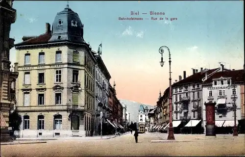 Ak Biel Bienne Kt Bern, Bahnhofstraße, Terminus Hotel Bielerhof, Brasseroe