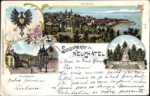 Wappen Litho Neuchâtel Neuenburg Stadt, Place du Marche, Le Monument de la Republique