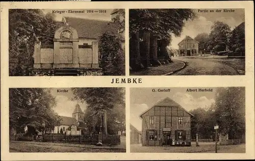 Ak Jembke in Niedersachsen, Kriegerdenkmal, Kirche, Geschäftshaus G. Gerloff, Albert Herbold