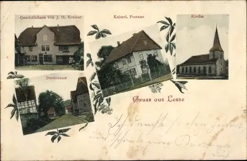 Ak Lesse Salzgitter Niedersachsen, Geschäftshaus J. H. Krämer, Kaiserl. Postamt, Kirche, Dorfstraße