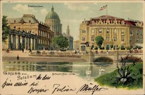 Litho Potsdam in Brandenburg, Stadtschloss, Kaiserliche Fahne, Bittschriftenlinde