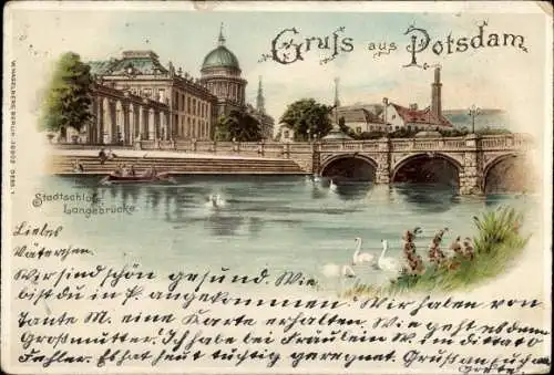 Litho Potsdam in Brandenburg, Stadtschloss, Langebrücke, Schwäne