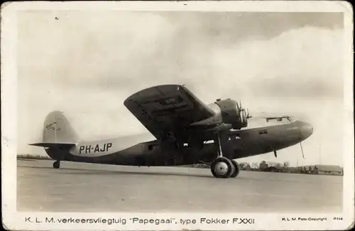 Ak KLM verkeersvliegtuig Papegaai, type Fokker F.XXII, PH-AJP