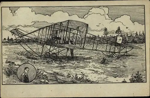 Künstler Ak Doppeldecker am Boden, Flugzeug