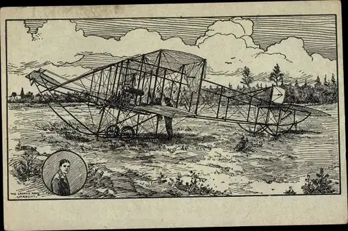 Künstler Ak Doppeldecker am Boden, Flugzeug