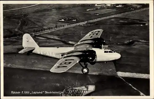 Ak Flugzeug, Fokker F XXII Lapland Stockholmmlijn SE-ABA