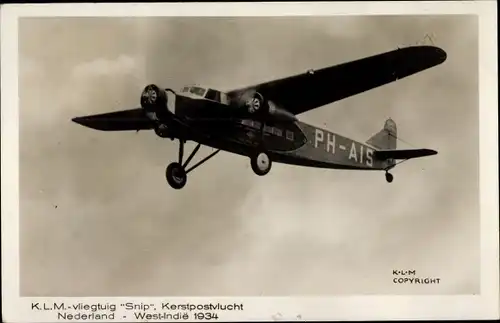 Ak Flugzeug, KLM-vliegtuig Snip, Kerstpostvlucht, 1934