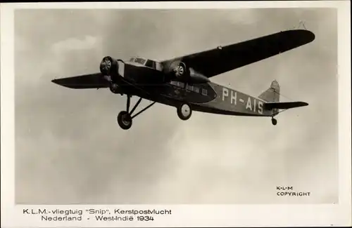 Ak Flugzeug, KLM-vliegtuig Snip, 1934