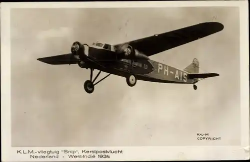 Ak Flugzeug, KLM-vliegtuig Snip, 1934