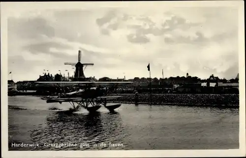 Ak Harderwijk Gelderland, Graaggeziene gast in de haven, Wasserflugzeug, Windmühle