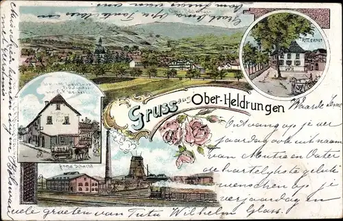 Litho Oberheldrungen in Thüringen, Gasthaus, Anna Schacht, Rittergut, Totalansicht