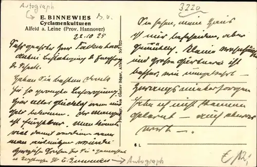 Ak Alfeld an der Leine, Cyclamenkulturen E. Binnewies, Gärtnerei, Autograph des Inhabers