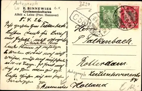 Ak Alfeld an der Leine, Cyclamenkultur E, Binnewies, Gärtnerei, Autograph