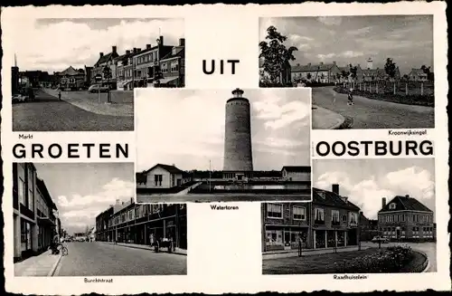 Ak Oostburg Zeeland, Markt, Kroonwijksingel, Burchestraat, Radhuisplein