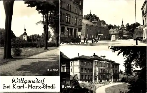 Ak Wittgensdorf Chemnitz, Blick zur Kirche, Karl Marx Platz, Schule