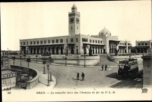 Ak Oran Algerien, La Nouvelle Gare des Chemins de fer de P.L.M., Straßenbahn