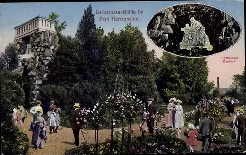 Ak Burgstädt in Sachsen, Park Herrenhaide, Bes. Franz Otto, Barbarossa-Höhle, Kyffhäuser-Denkmal