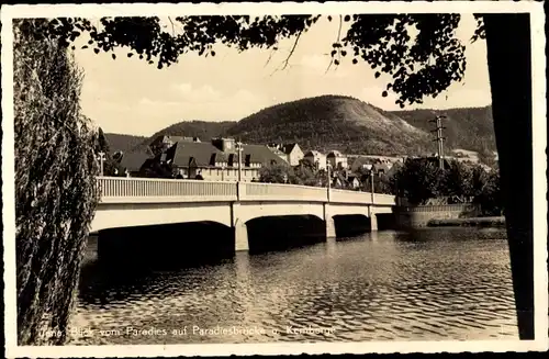 Ak Jena in Thüringen, Blick vom Paradies auf Paradiesbrücke u. Kernberge