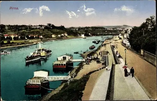 Ak Pirna in Sachsen, Elbpartie mit Dampferanlegestelle