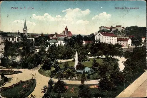 Ak Pirna an der Elbe, Schloss Sonnenstein, Fontäne