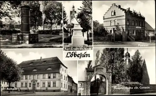 Ak Löbejün im Saalekreis, Karl-Loewe-Denkmal, Postamt, Hospital-Kirche St. Cyriaci, Rathaus