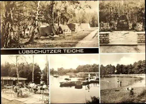 Ak Lübschütz Machern in Sachsen, Lübschützer Teiche, Denkmal, Zeltplatz, Strandbad, Bootsanleger