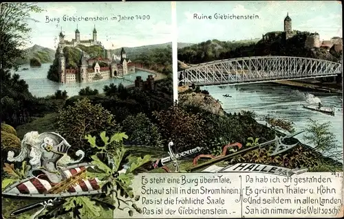 Ak Halle an der Saale, Burg Giebichenstein im Jahre 1400 und Ruine, Brücke