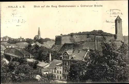 Ak Halle an der Saale, Blick auf die Burg Giebichenstein und Cröllwitzer Brücke