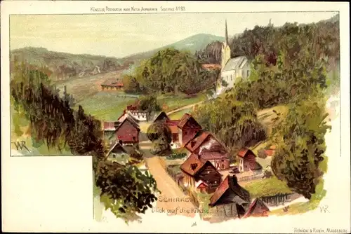 Künstler Litho Schierke Wernigerode am Harz, Blick auf die Kirche