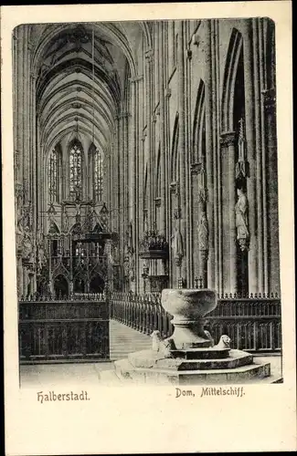 Ak Halberstadt am Harz, Dom, Mittelschiff, Kanzel, Taufbecken