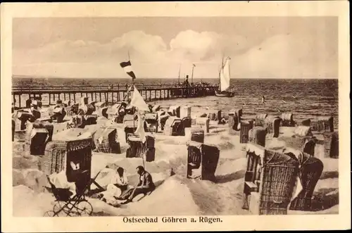 Ak Ostseebad Göhren auf Rügen, Strandpartie, Badegäste, Strandkörbe, Kinderwagen