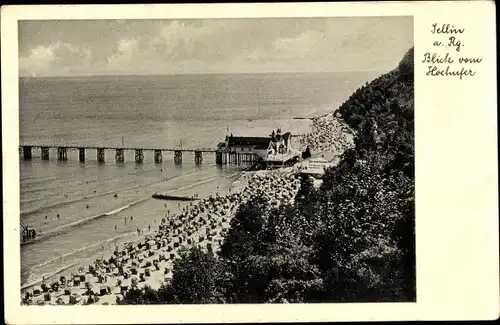 Ak Ostseebad Sellin auf Rügen, Seebrücke, Strand vom Hochufer