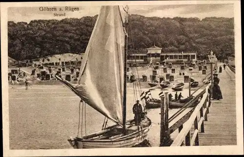 Ak Ostseebad Göhren auf Rügen, Strandpartie, Strandkörbe, Segelboot