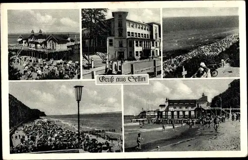 Ak Ostseebad Sellin auf Rügen, Teilansichten, Strand, Seebrücke