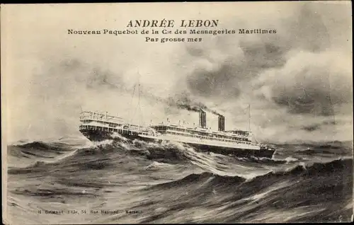 Ak Paquebot Andrée Lebon, Messageries Maritimes, Par grosse mer