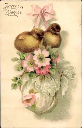 Präge Litho Glückwunsch Ostern, Joyeuses Paques, Küken, Osterei, Blüten