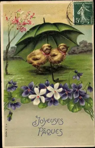Präge Litho Glückwunsch Ostern, Joyeuses Paques, Küken unter einem Schirm, Veilchen
