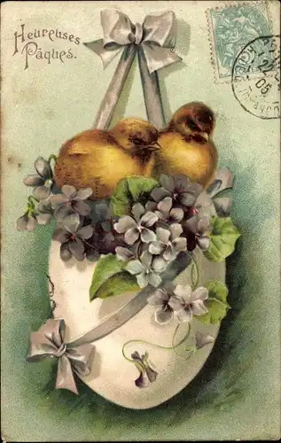 Präge Litho Glückwunsch Ostern, Heureuses Paques, Küken, Eierschale, Veilchen