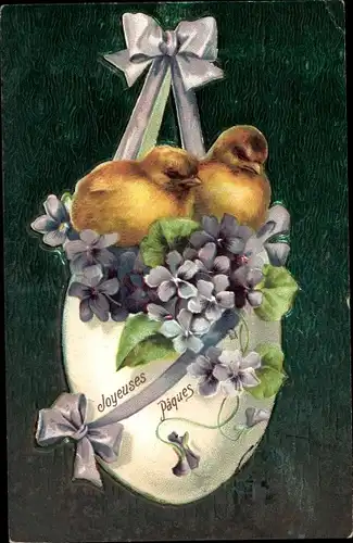 Präge Litho Glückwunsch Ostern, Küken, Osterei, Veilchen