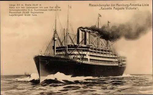 Ak Riesendampfer Kaiserin Auguste Victoria, Schnelldampfer der HAPAG
