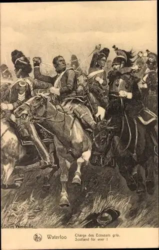 Künstler Ak Waterloo Wallonisch Brabant, Charge des Ecossais gris